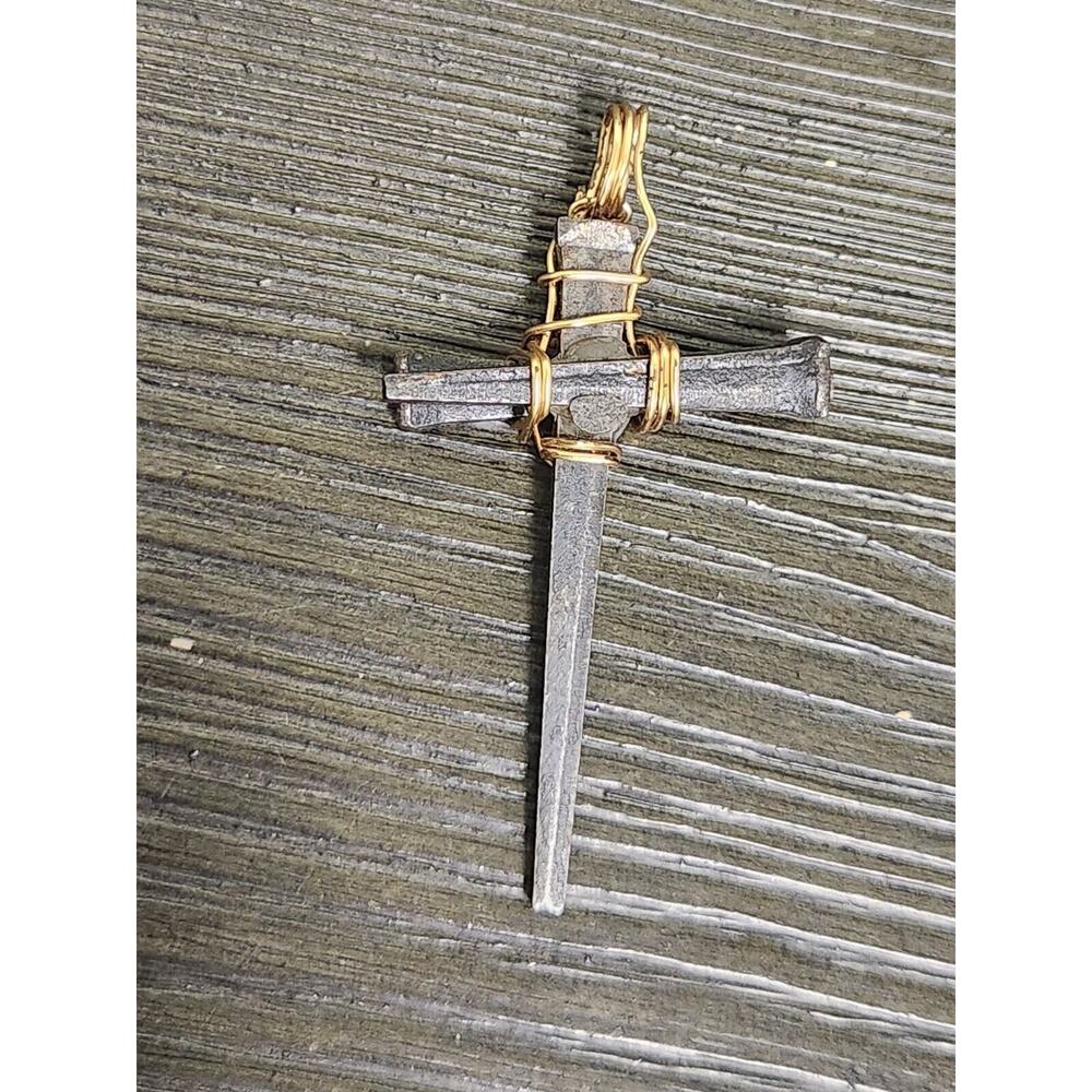 Rusty Nails Cross Necklace Medieval Wrapped Pendant Handmade Jewelry 2.7 in Tall